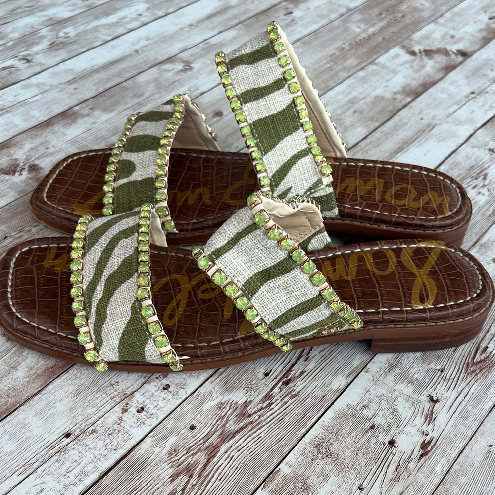 Sam Edelman Hopie Zebra Green Linen Square Toe Slide Sandals Rhinestones